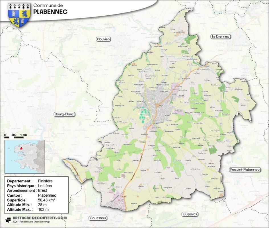 Carte de la commune de Plabennec dans le Finistère.