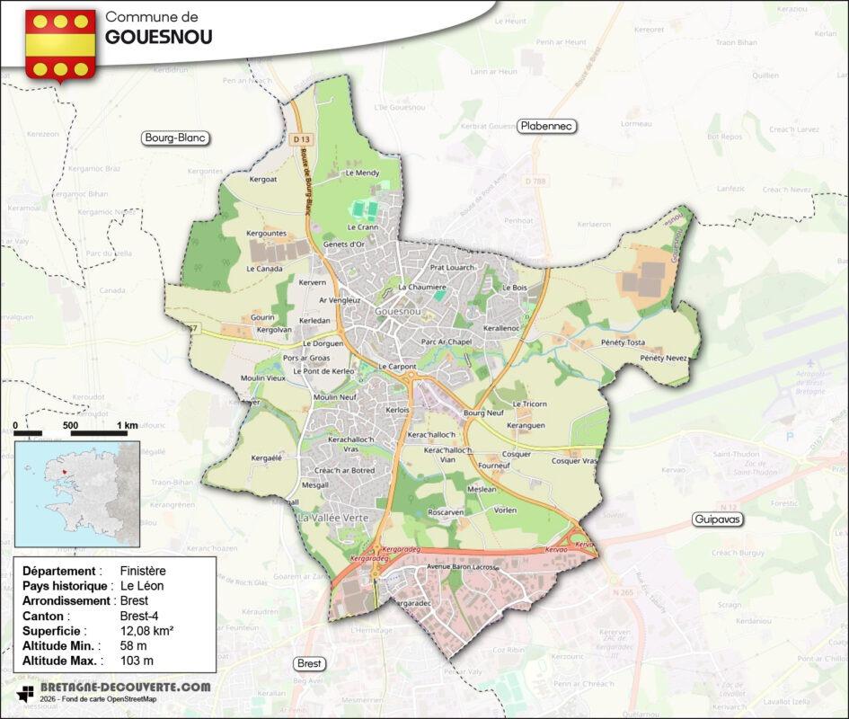 Carte de la commune de Gouesnou dans le Finistère.