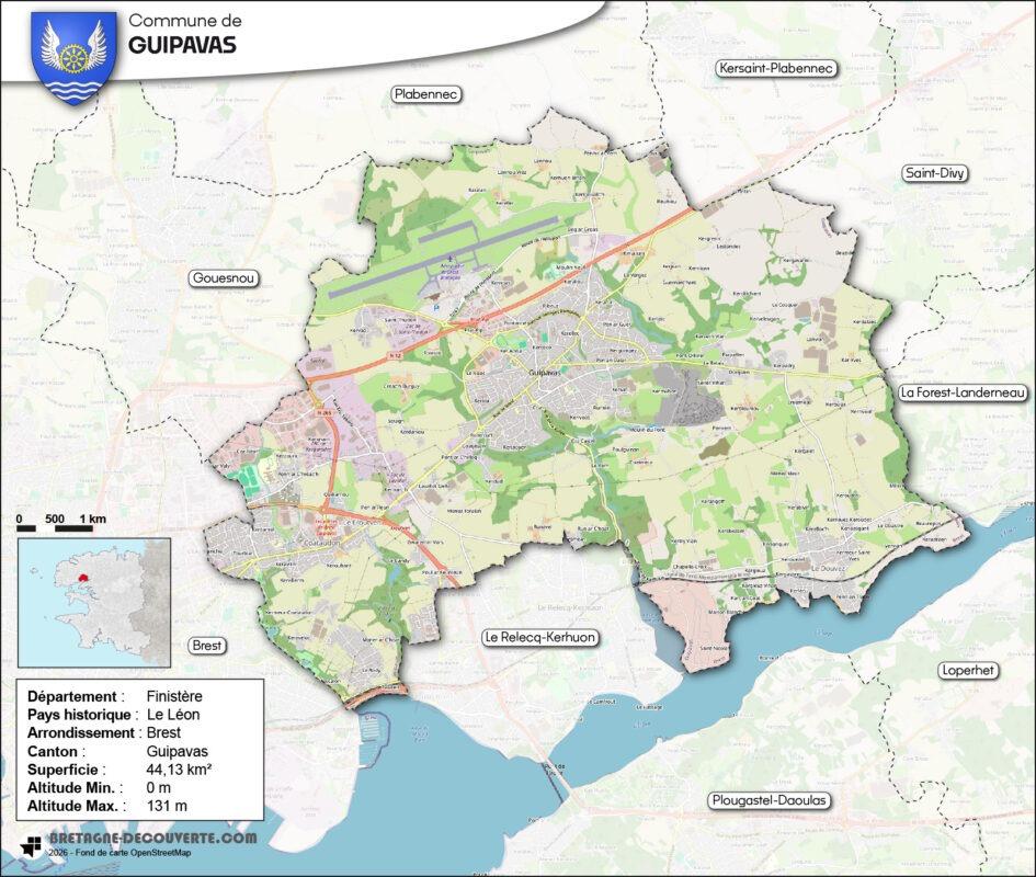 Carte de la commune de Guipavas dans le Finistère.