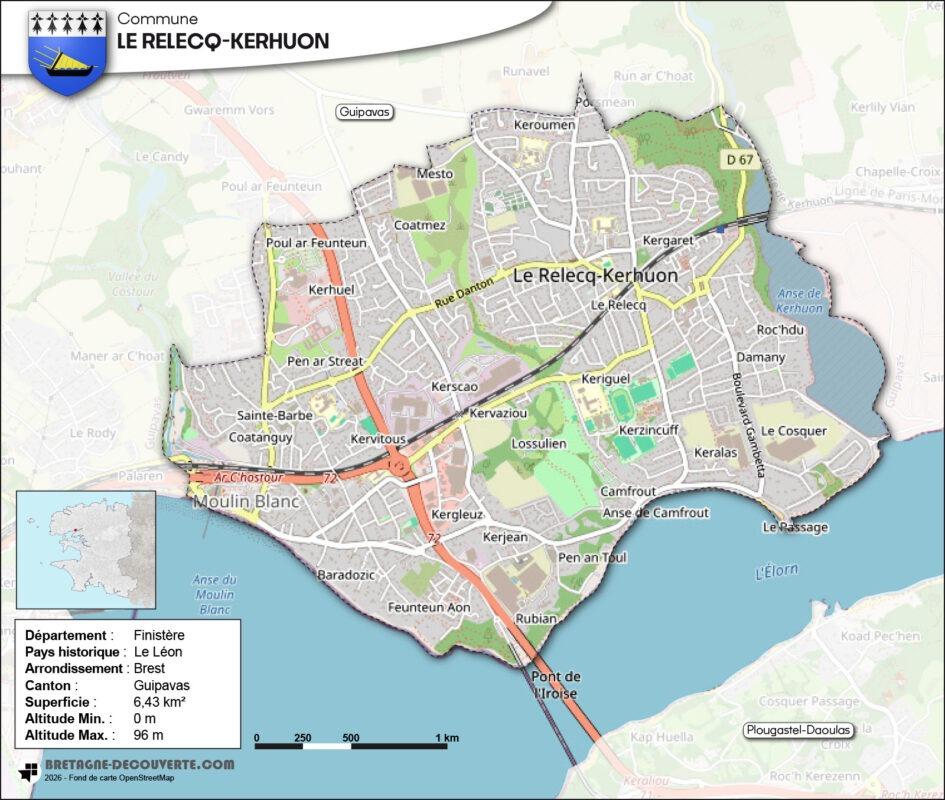 Carte de la commune du Relecq-Kerhuon dans le Finistère.