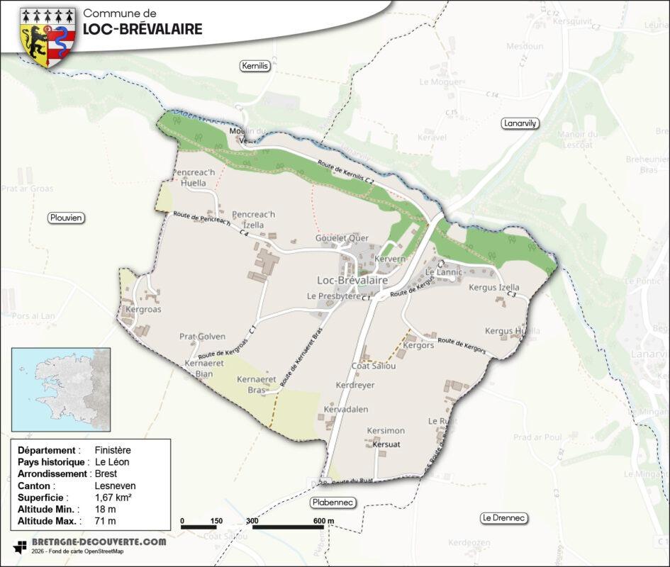 Carte de la commune de Loc-Brévalaire dans le Finistère.