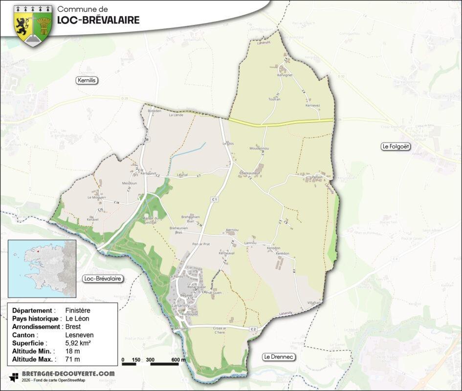 Carte de la commune de Lanarvily dans le Finistère.