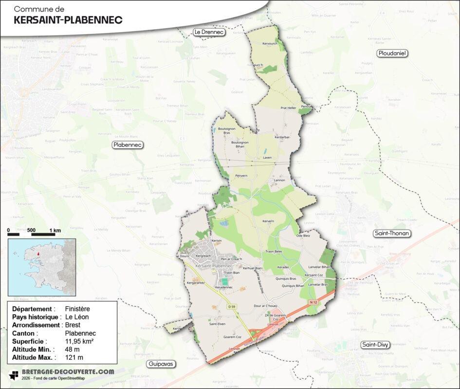Carte de la commune de Kersaint-Plabennec dans le Finistère.
