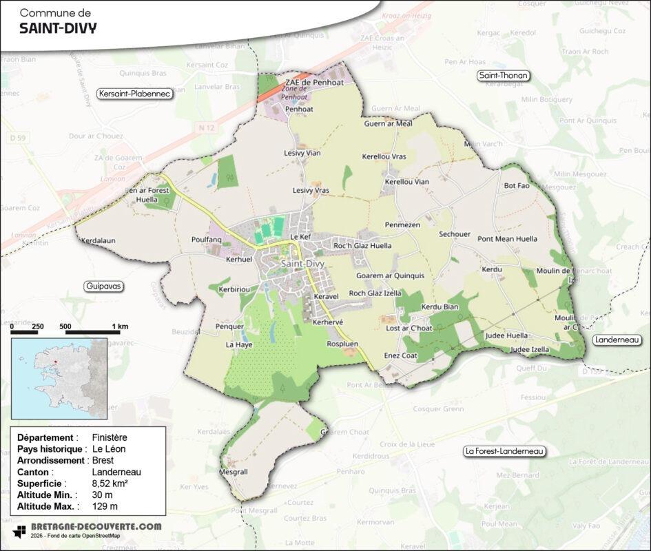 Carte de la commune de Saint-Divy dans le Finistère.