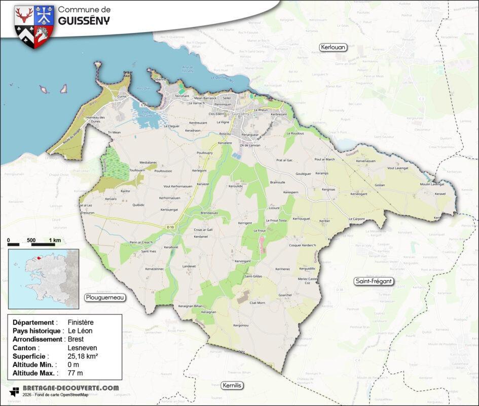 Carte de la commune de Guissény dans le Finistère.