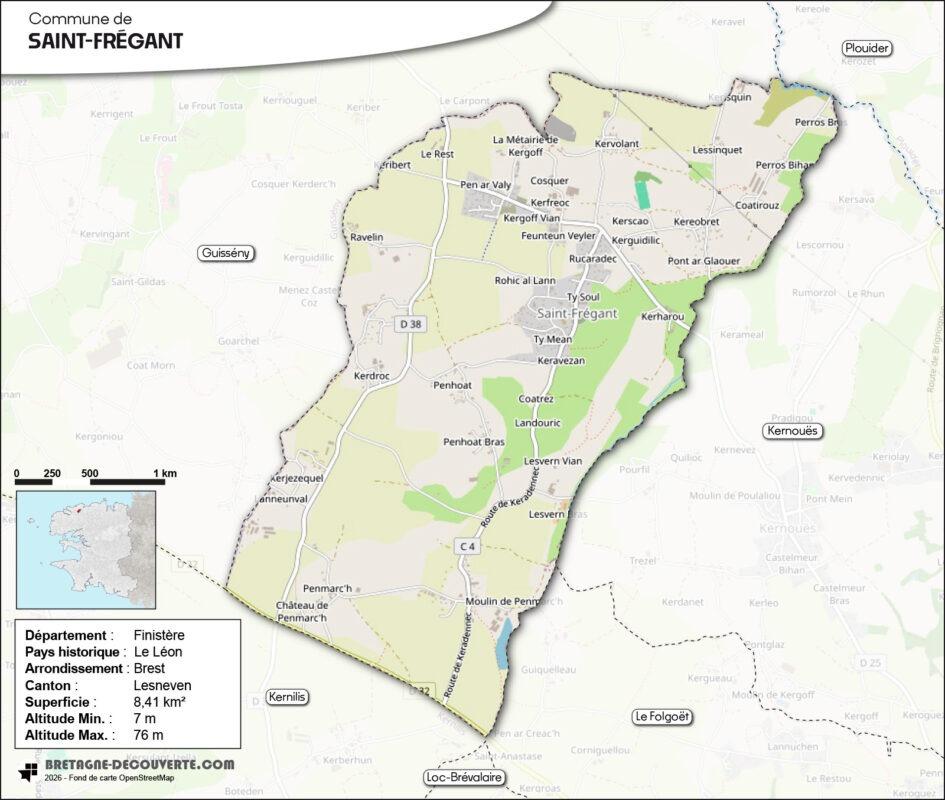 Carte de la commune de Saint-Frégant dans le Finistère.