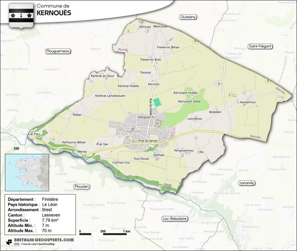 Carte de la commune de Kernouës dans le Finistère.