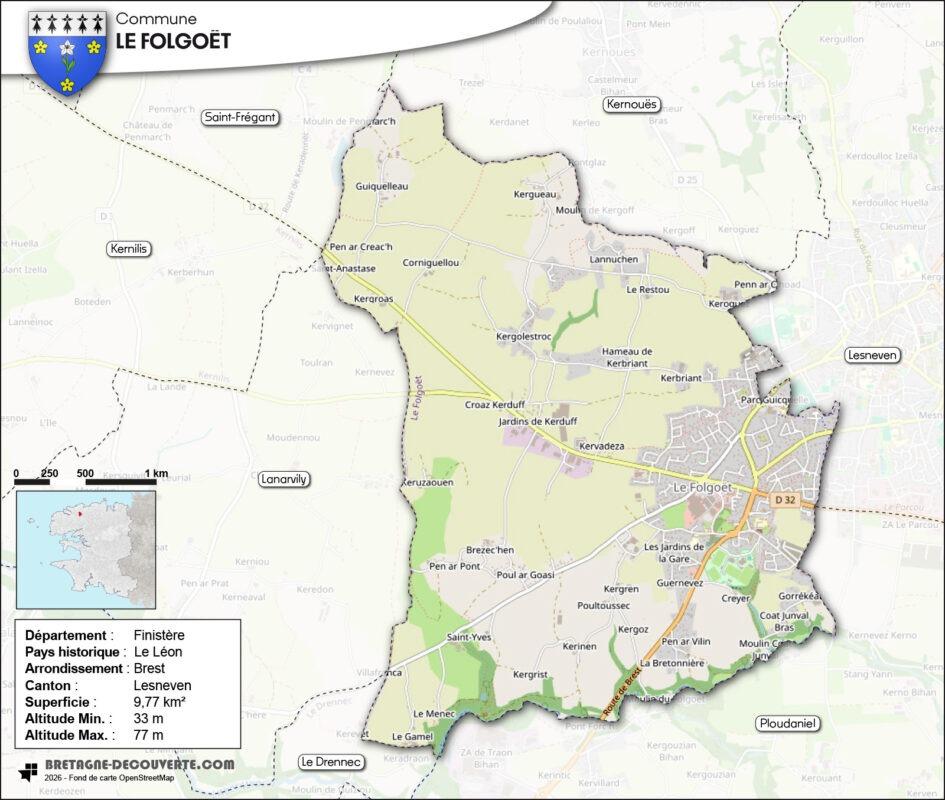 Carte de la commune du Folgoët dans le Finistère.