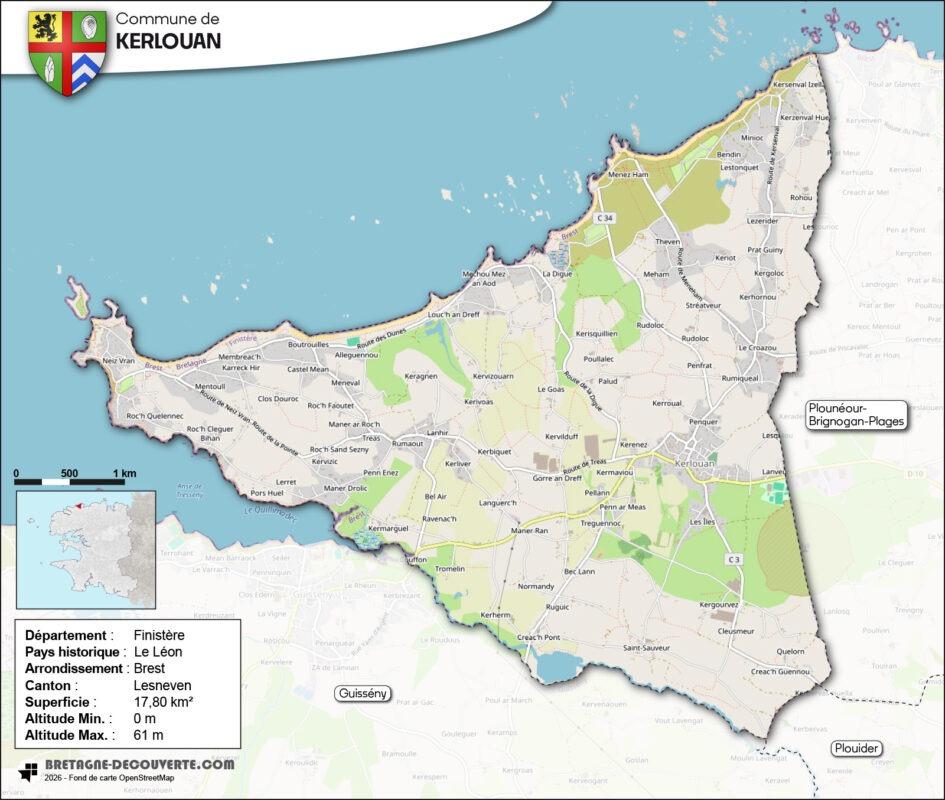 Carte de la commune de Kerlouan dans le Finistère.