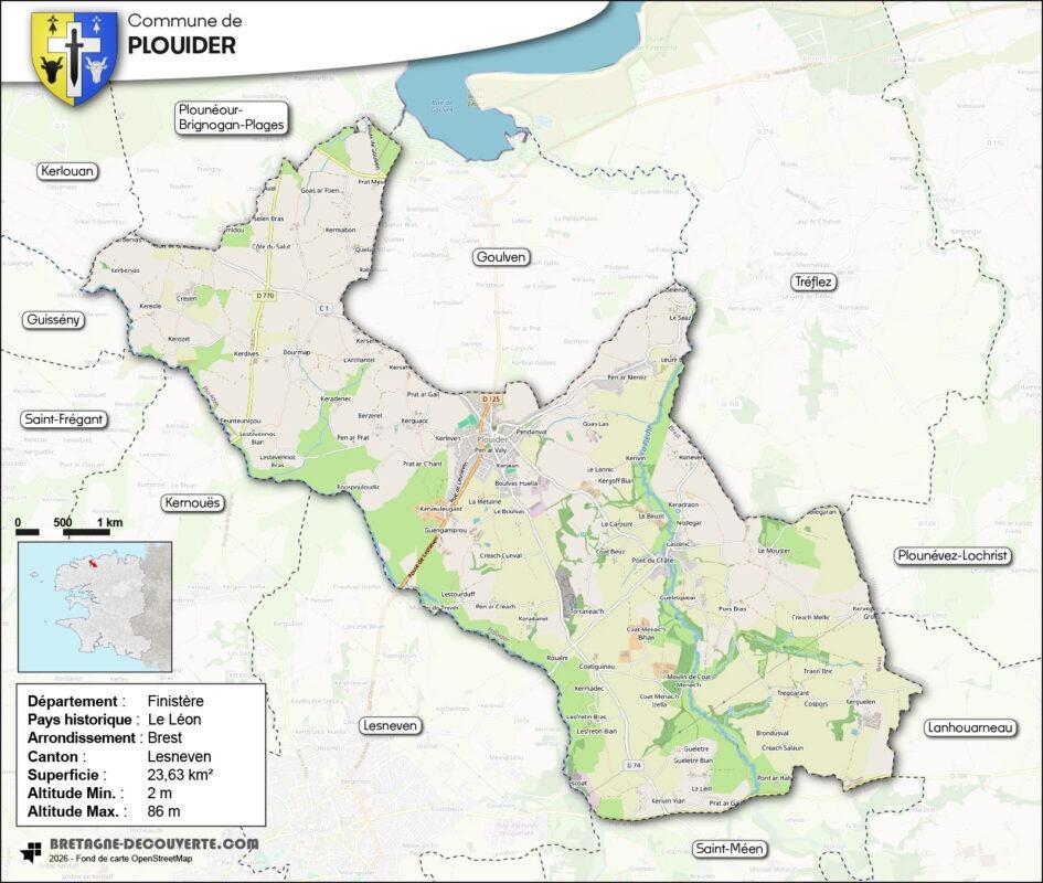 Carte de la commune de Plouider dans le Finistère.