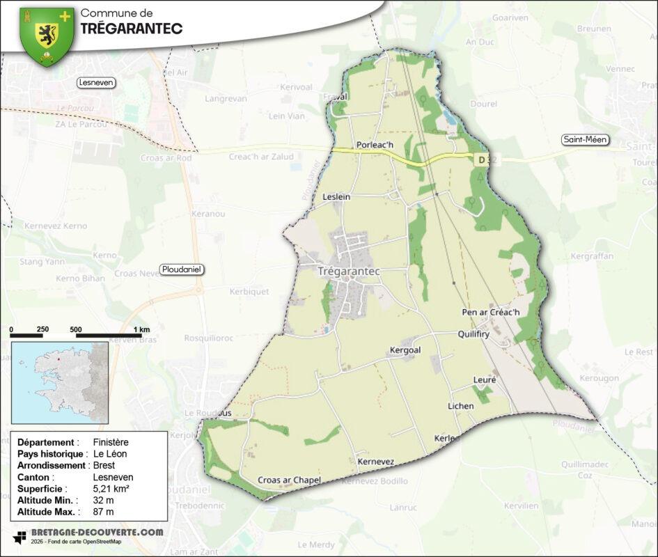Carte de la commune de Trégarantec dans le Finistère.