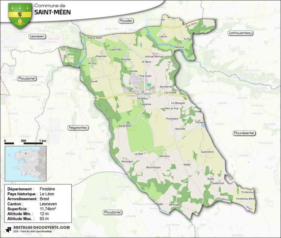 Carte de la commune de Saint-Méen dans le Finistère.