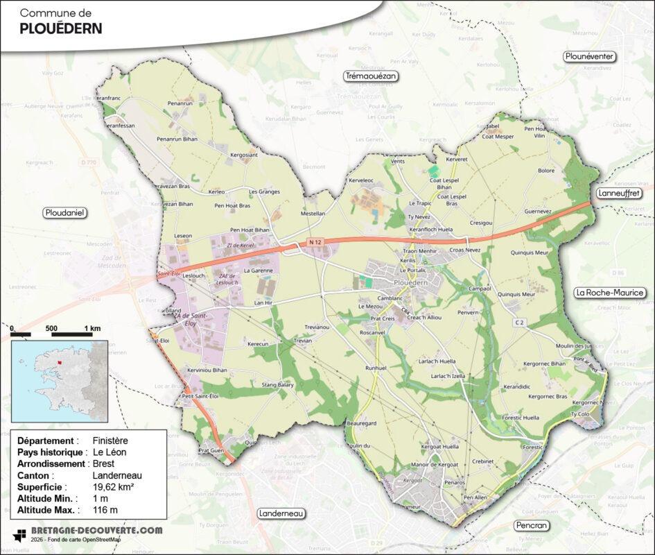 Carte de la commune de Plouédern dans le Finistère.