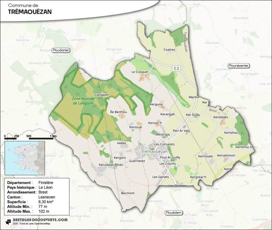 Carte de la commune de Trémaouézan dans le Finistère.