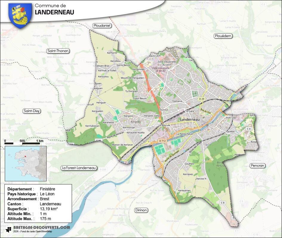 Carte de la commune de Landerneau dans le Finistère.