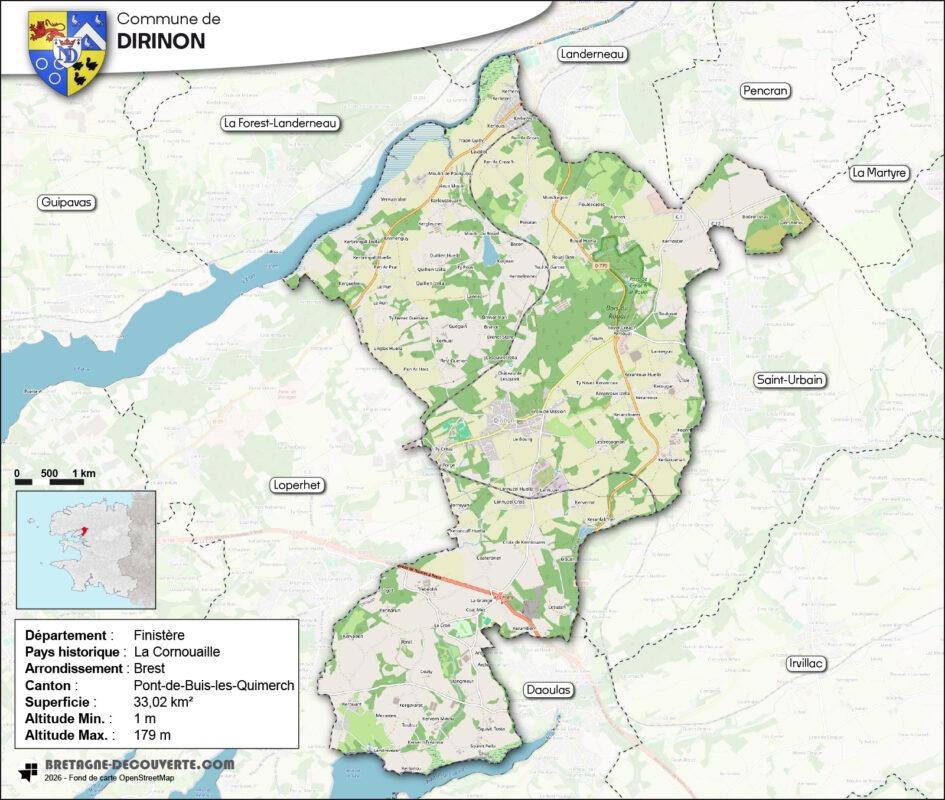 Carte de la commune de Dirinon dans le Finistère.