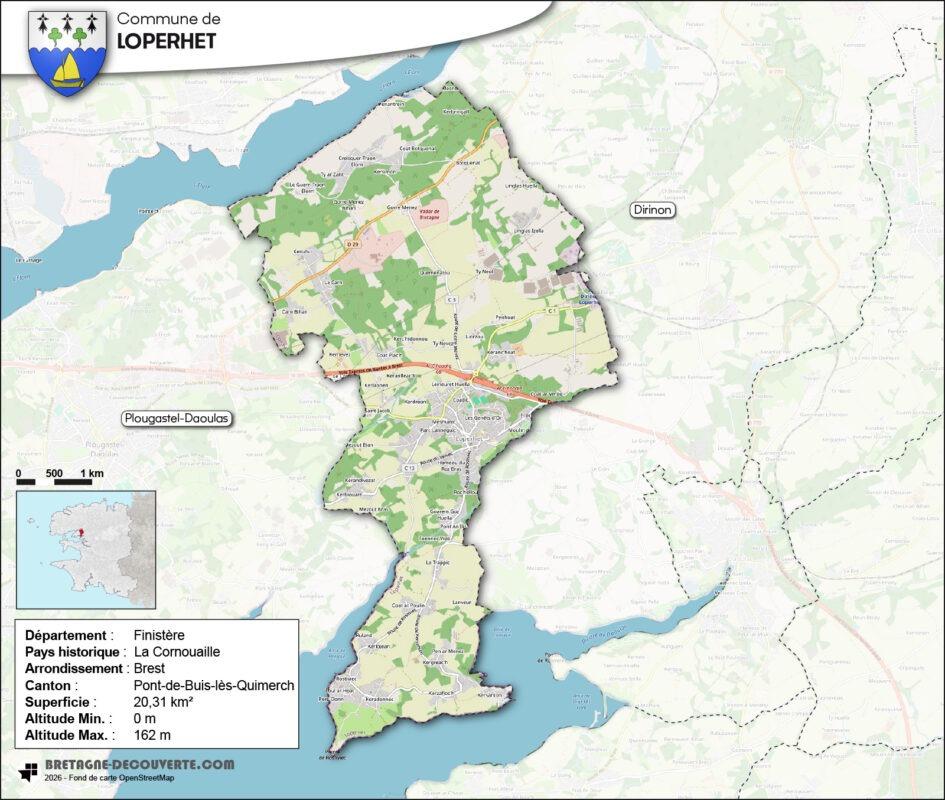 Carte de la commune de Loperhet dans le Finistère.