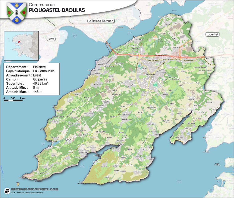 Carte de la commune de Plougastel-Daoulas dans le Finistère.