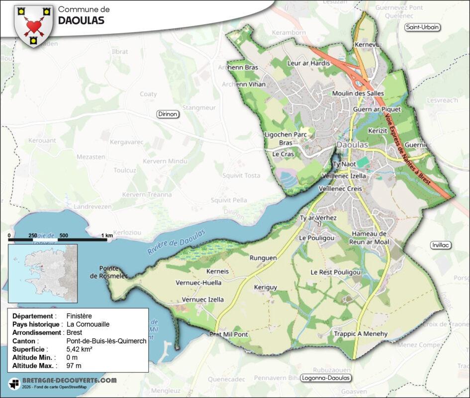 Carte de la commune de Daoulas dans le Finistère.