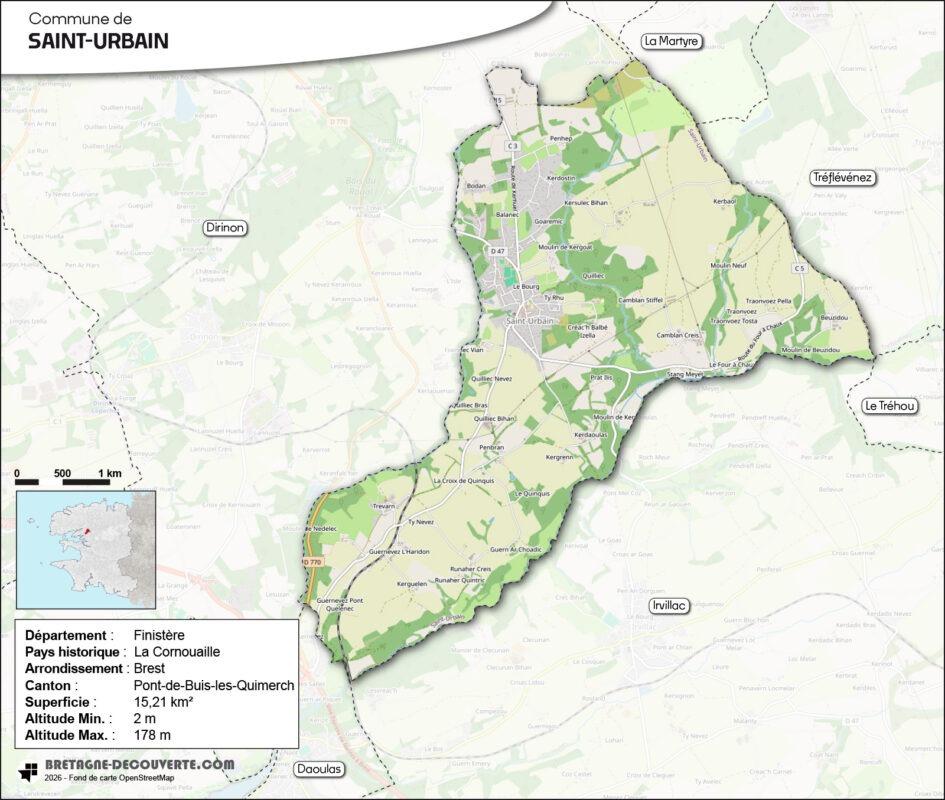 Carte de la commune de Saint-Urbain dans le Finistère.