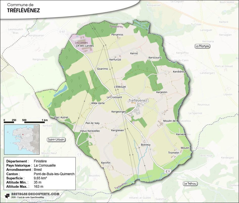 Carte de la commune de Tréflévénez dans le Finistère.