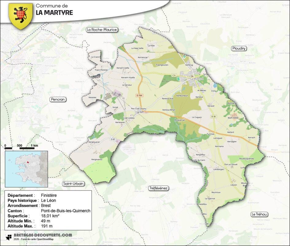 Carte de la commune de La Martyre dans le Finistère.