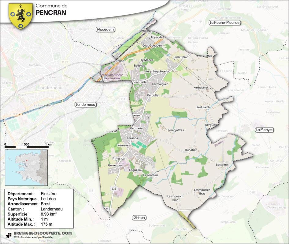 Carte de la commune de Pencran dans le Finistère.