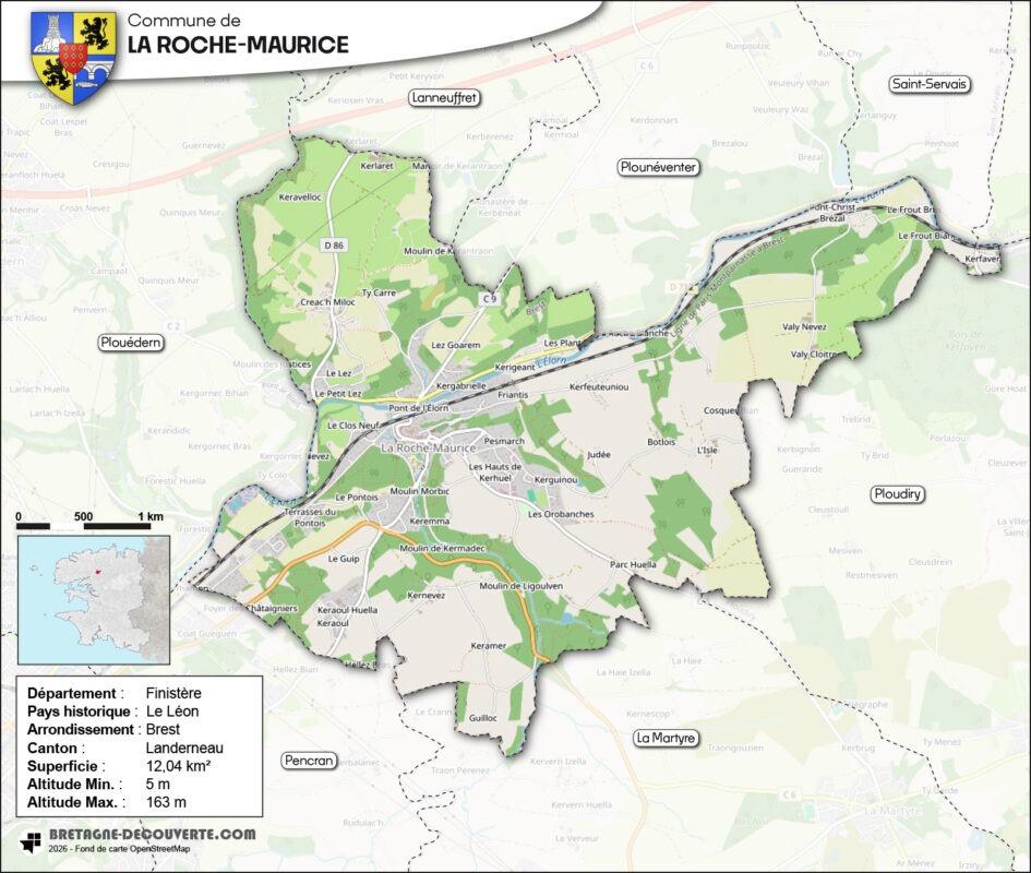 Carte de la commune de La Roche-Maurice dans le Finistère.