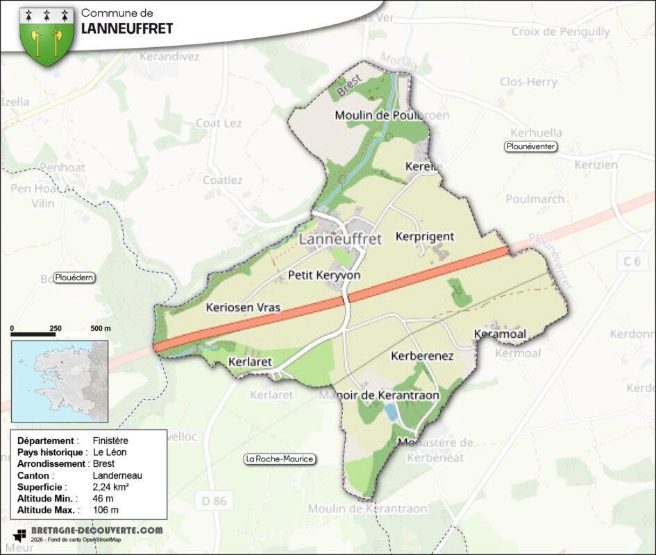 Carte de la commune de Lanneuffret dans le Finistère.