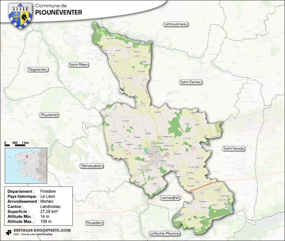Carte de la commune de Plounéventer dans le Finistère.