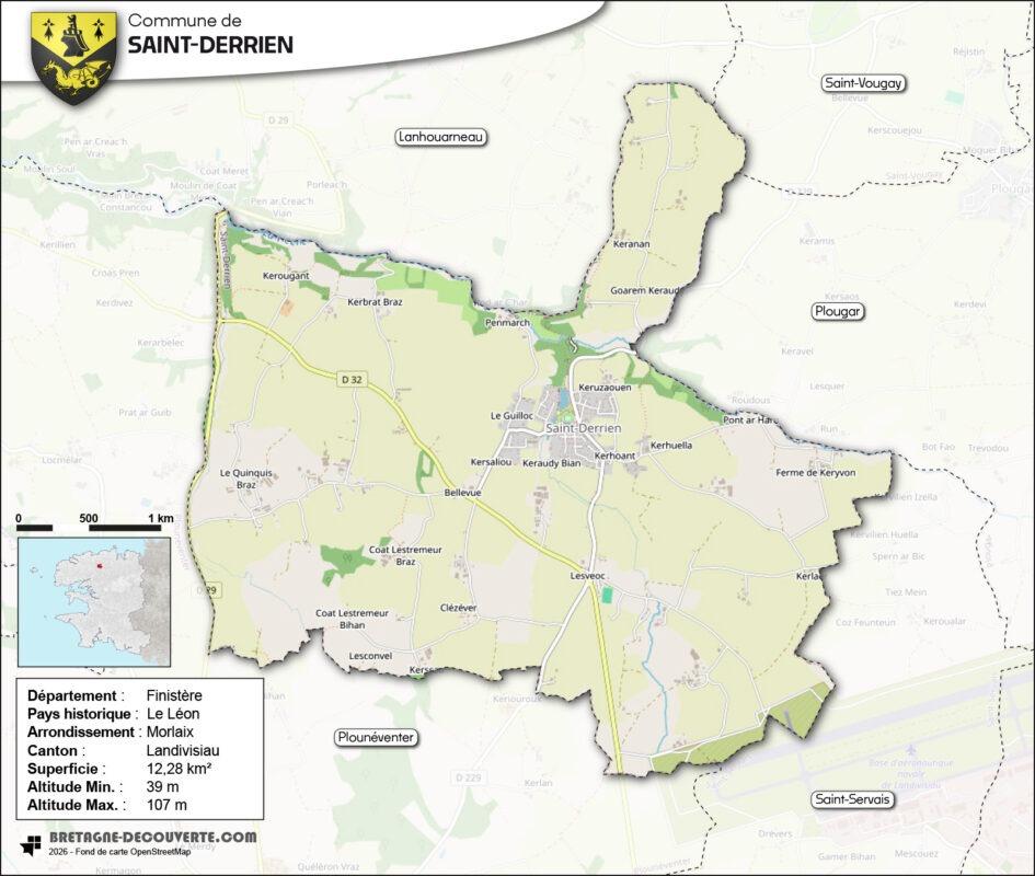 Carte de la commune de Saint-Derrien dans le Finistère.