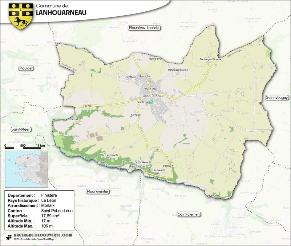 Carte de la commune de Lanhouarneau dans le Finistère.