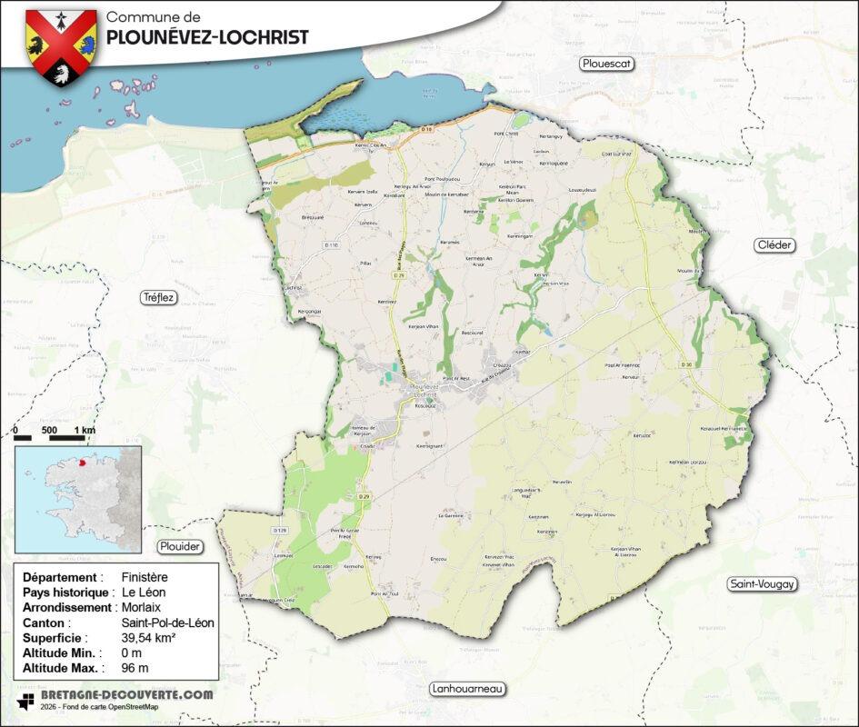 Carte de la commune de Plounévez-Lochrist dans le Finistère.