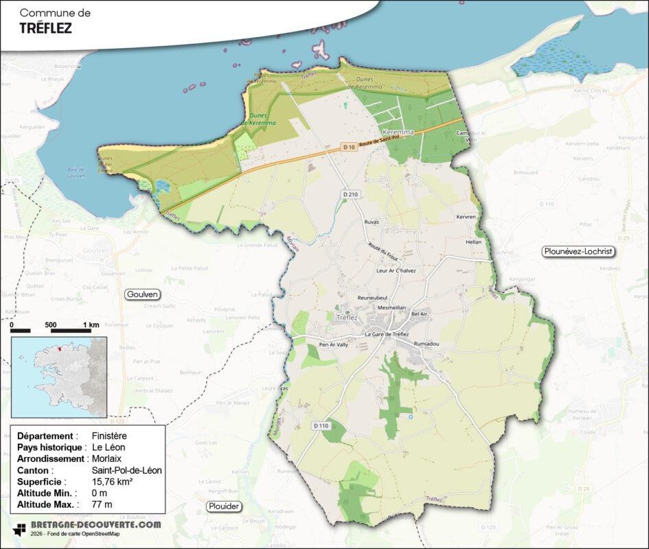 Carte de la commune de Tréflez dans le Finistère.