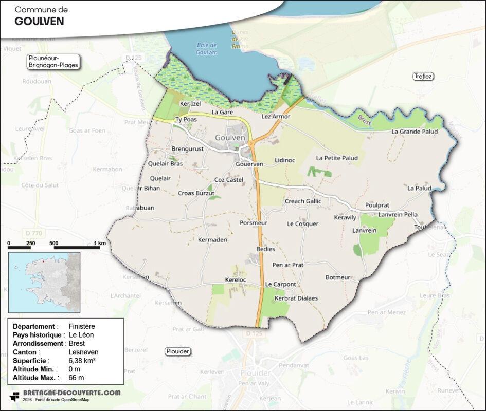 Carte de la commune de Goulven dans le Finistère.