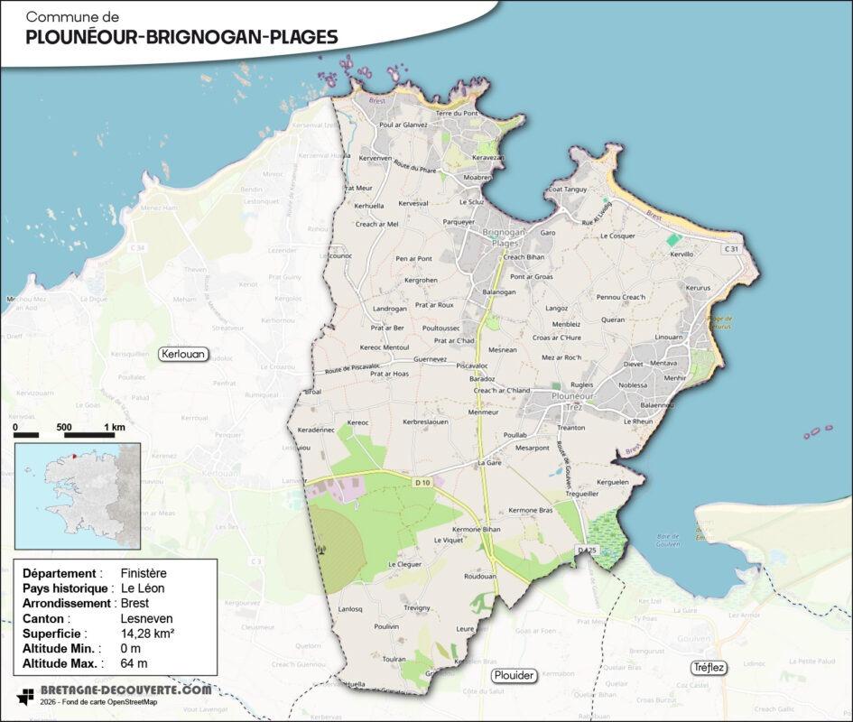 Carte de la commune de Plounéour-Brignogan-Plages dans le Finistère.