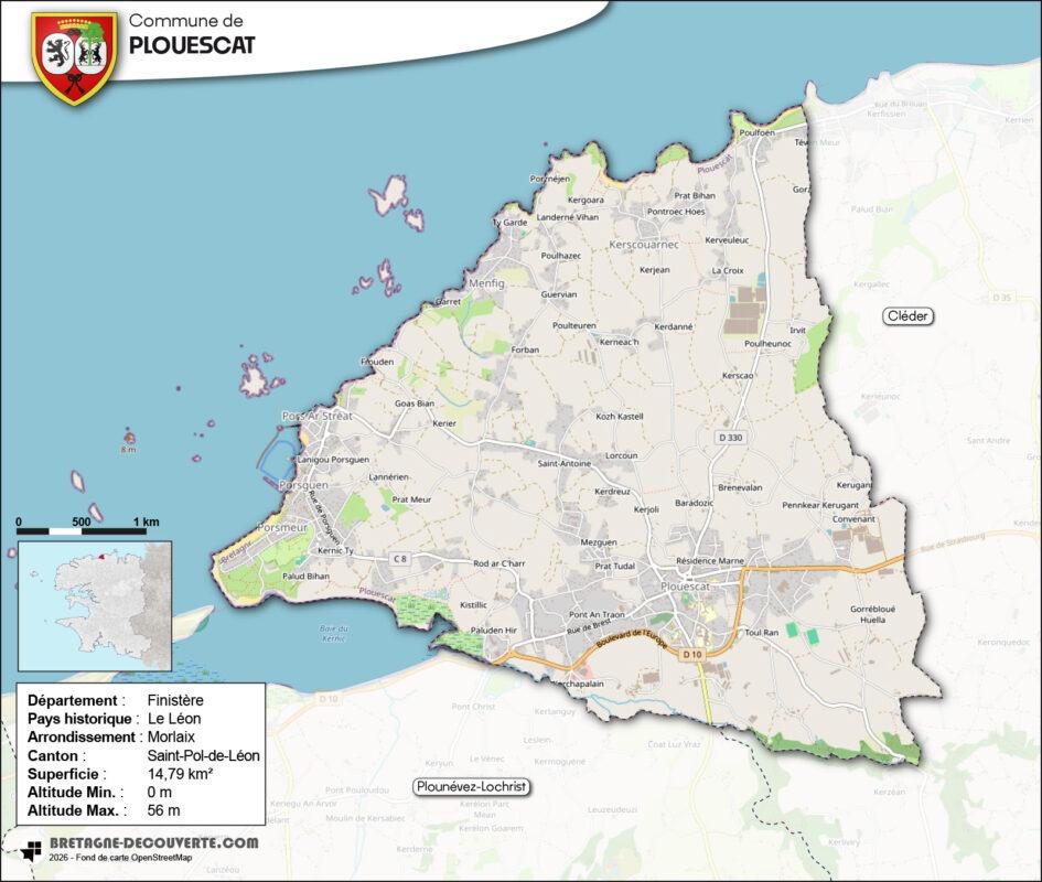 Carte de la commune de Plouescat dans le Finistère.
