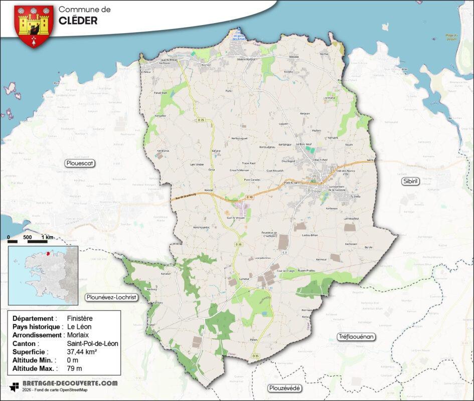 Carte de la commune de Cléder dans le Finistère.