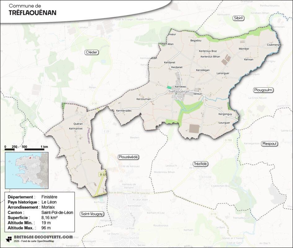 Carte de la commune de Tréflaouénan dans le Finistère.