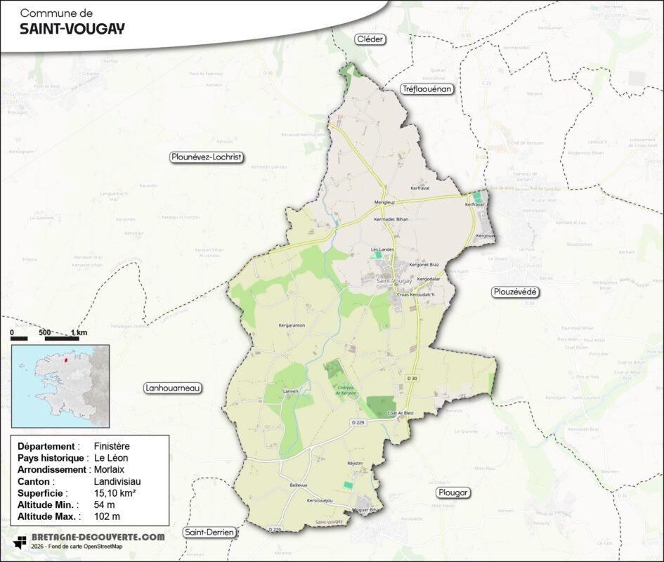 Carte de la commune de Saint-Vougay dans le Finistère.