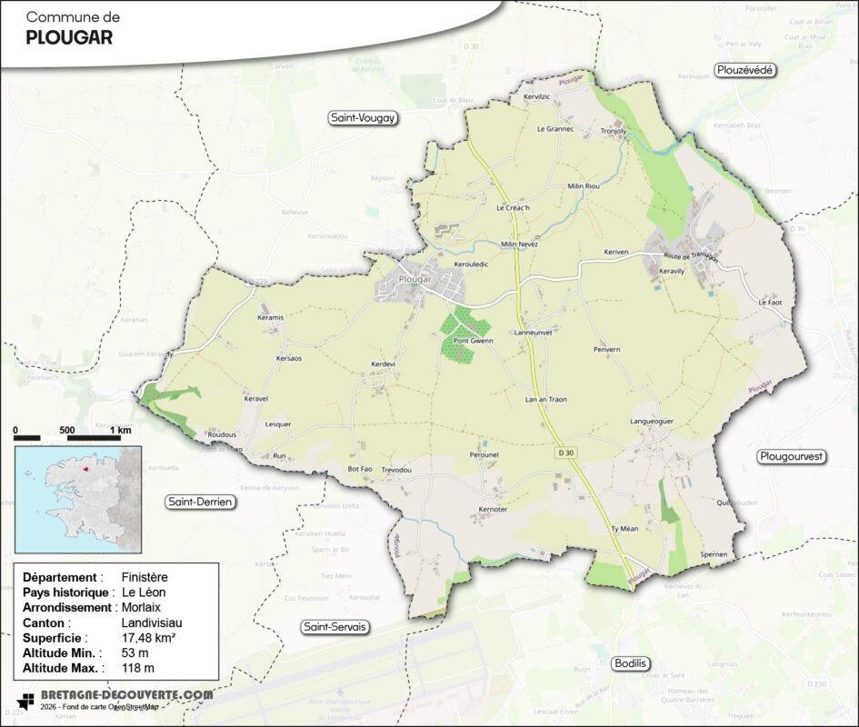 Carte de la commune de Plougar dans le Finistère.