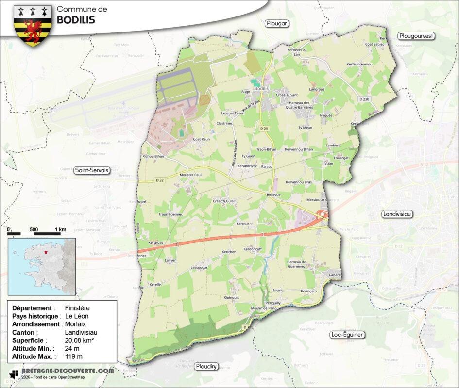 Carte de la commune de Bodilis dans le Finistère.