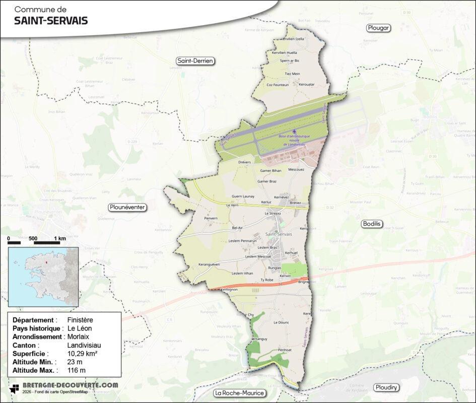 Carte de la commune de Saint-Servais dans le Finistère.