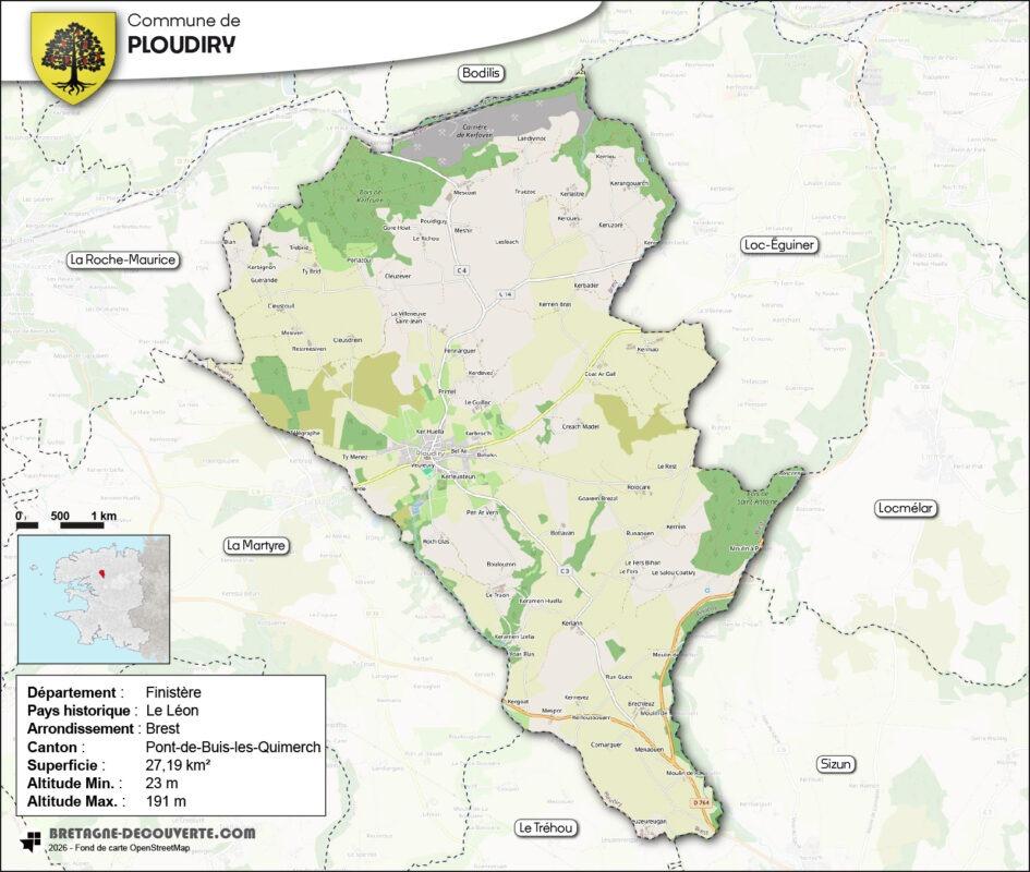 Carte de la commune de Ploudiry dans le Finistère.