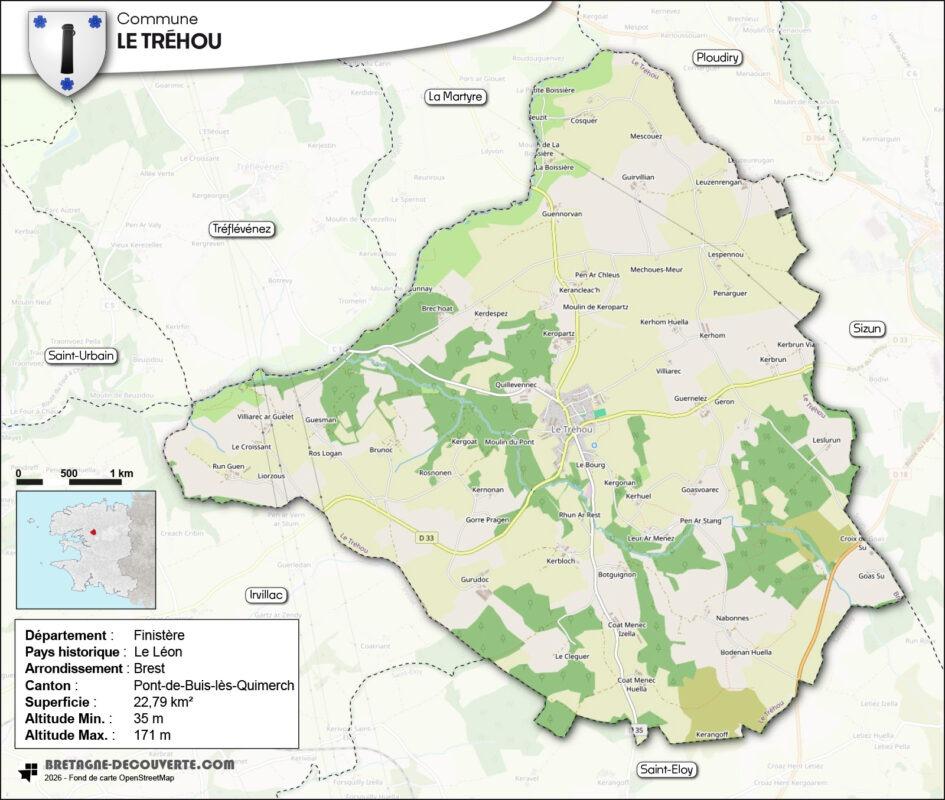 Carte de la commune du Tréhou dans le Finistère.