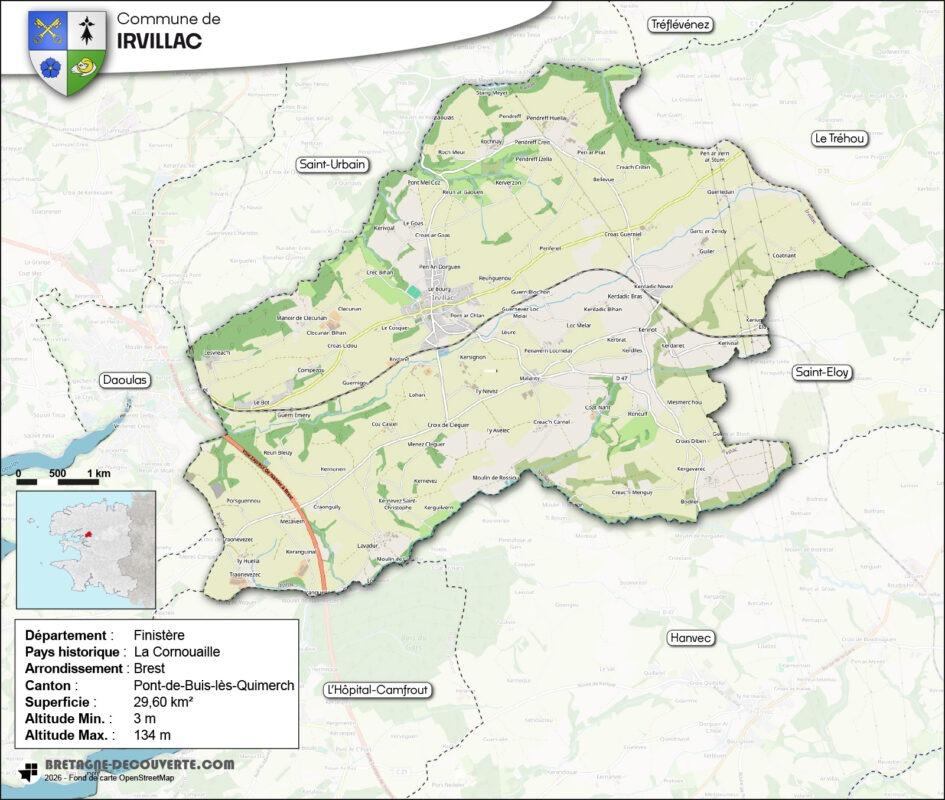 Carte de la commune d'Irvillac dans le Finistère.