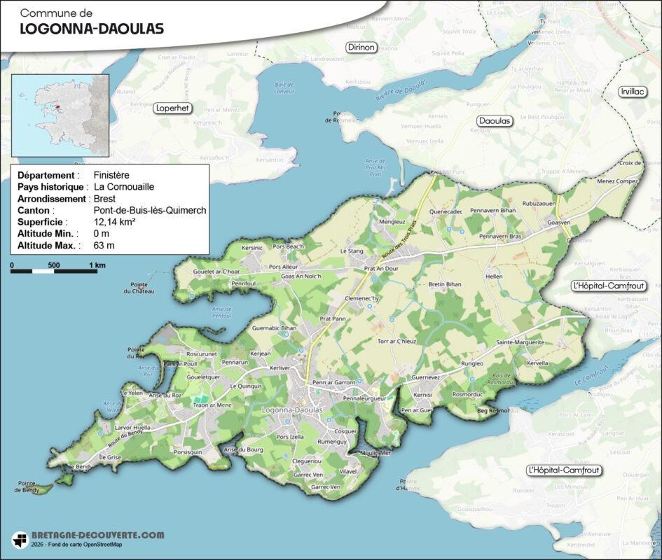 Carte de la commune de Logonna-Daoulas dans le Finistère.