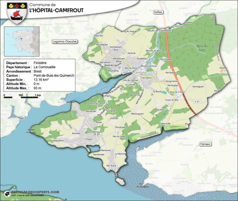 Carte de la commune de L'Hôpital-Camfrout dans le Finistère.