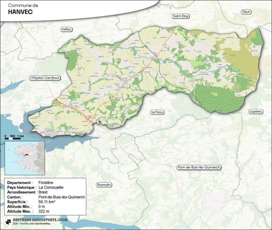 Carte de la commune de Hanvec dans le Finistère.