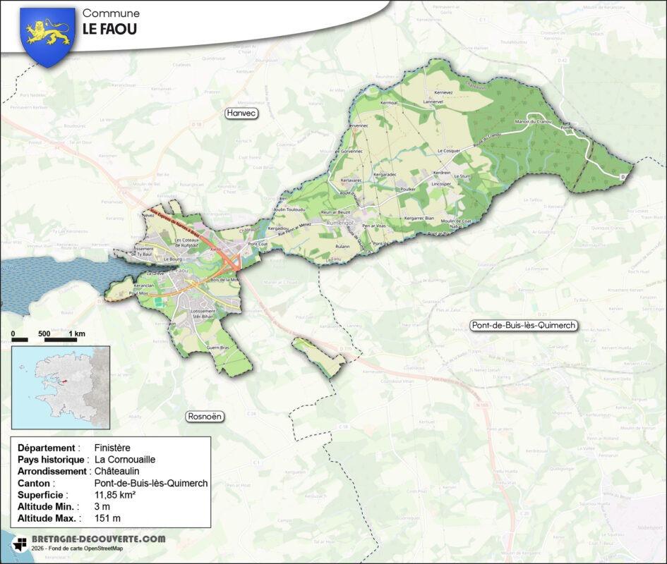 Carte de la commune du Faou dans le Finistère.